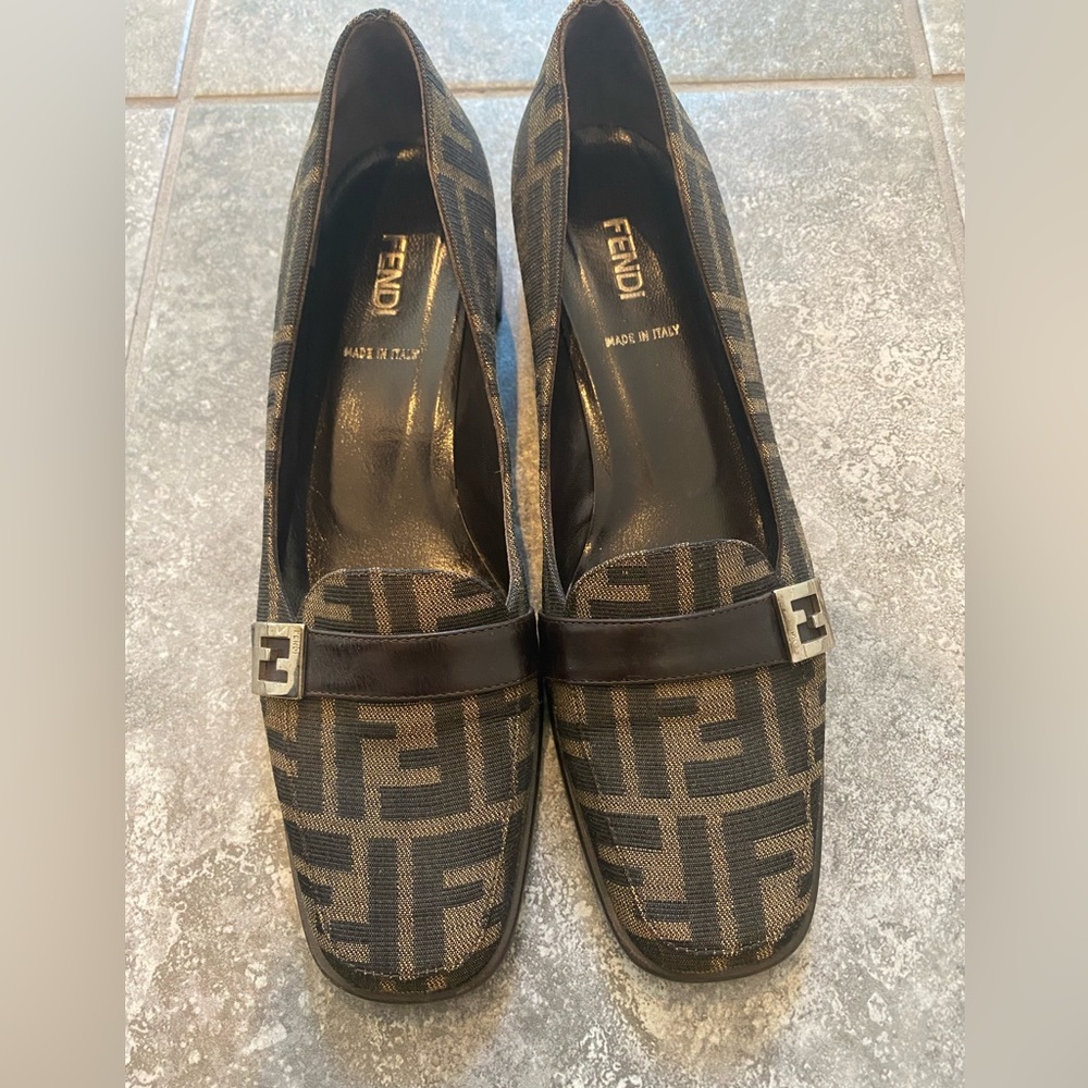 Fendi Vintage square toe heels loafers Zucca logo print canvas leather